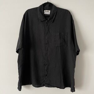 FLAX Mens 100% Linen Short Sleeve Button Up Shirt Black Sz M Resort Camp Classic